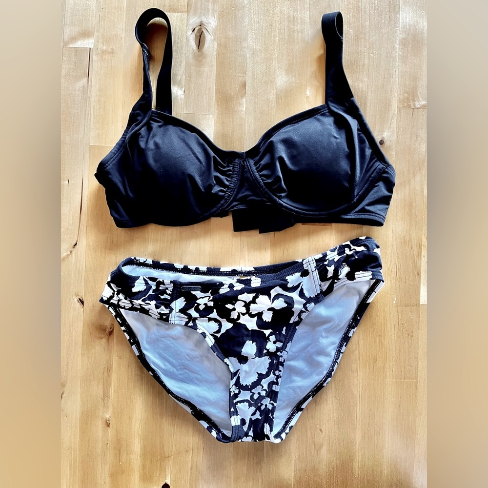 Title Nine Bikini: solid classic black top 34-C cup paired with floral bottom